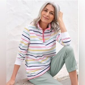 WoolOvers Women’s S Organic Cotton White Striped 1/4 Zip Pullover w/Pockets -EUC